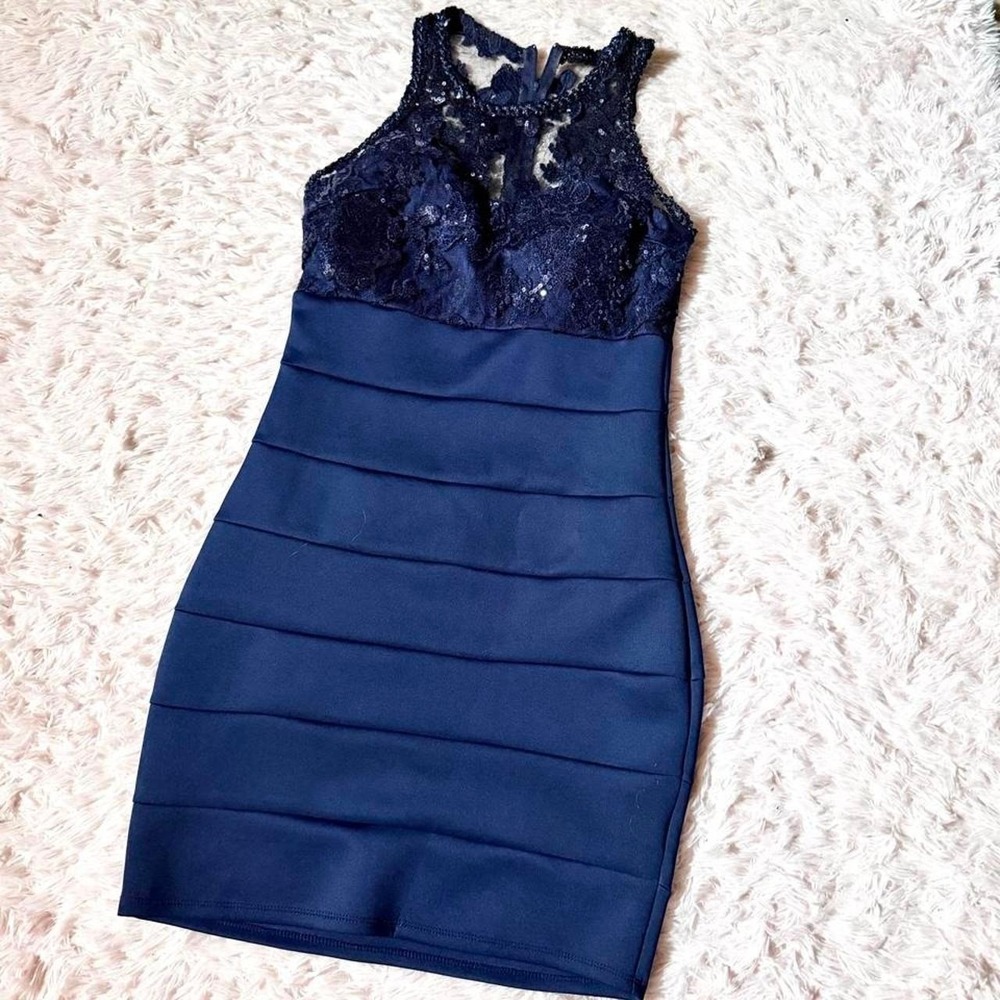Navy Dark Academia Fairy Sequin Floral Bodycon Dress Juniors 7 Hoco Formal